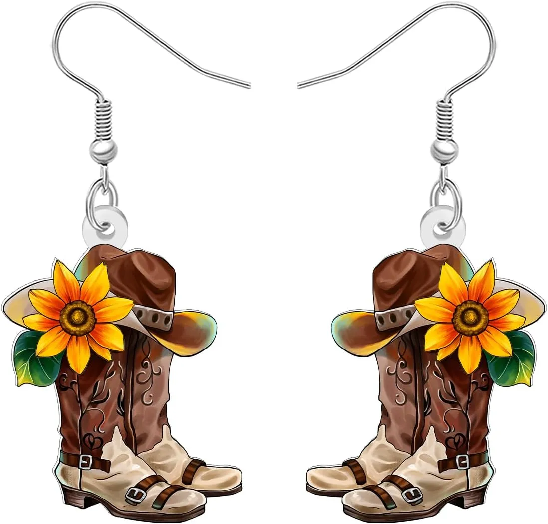 Acrylic Funny Western Cowboy Cowgirl Hat Boots Dangle Earrings Cute Bohemian Country Music Jewelry Accessories Outfit Gifts for Women Rodeo Charms