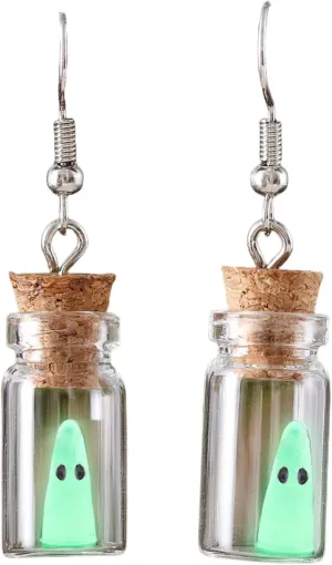 Adopt a Ghost in A Bottle Earrings - Glow in The Dark Spooky Charm Pendant - Halloween Goth Jewelry Gifts for Women