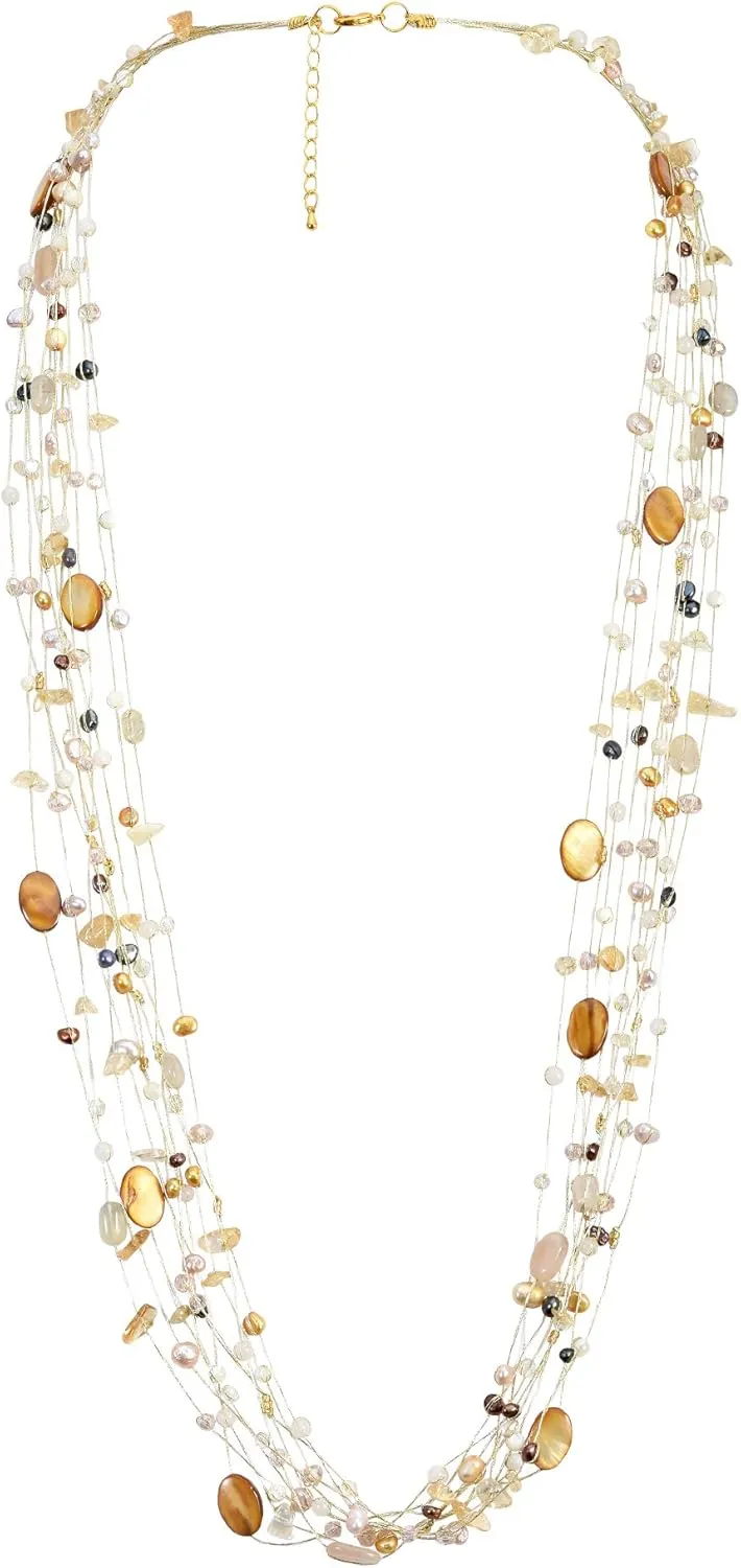 AeraVida Earth Tones Mixed Stone & Mother of Pearl Multi-Layered Necklace | Boho Chic Silk Thread Jewelry for Women