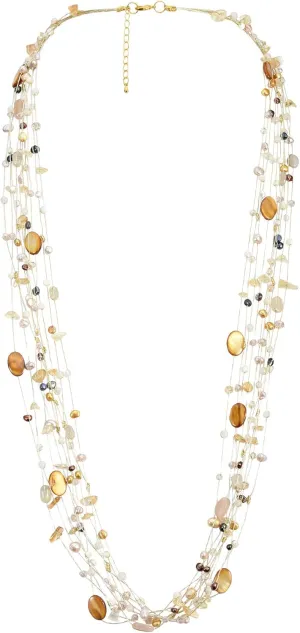 AeraVida Earth Tones Mixed Stone & Mother of Pearl Multi-Layered Necklace | Boho Chic Silk Thread Jewelry for Women