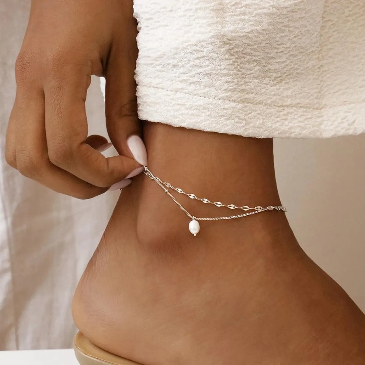 Ankle Bracelets for Women 14k Real Gold Silver Plated Anklets Freshwater Pearl Seashell Mermaid Heart Evil Eye Charms Adjustable Chain Waterproof Hypoallergenic Body Jewelry Cute Trendy Gifts