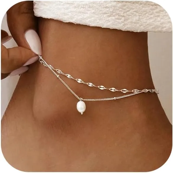 Ankle Bracelets for Women 14k Real Gold Silver Plated Anklets Freshwater Pearl Seashell Mermaid Heart Evil Eye Charms Adjustable Chain Waterproof Hypoallergenic Body Jewelry Cute Trendy Gifts