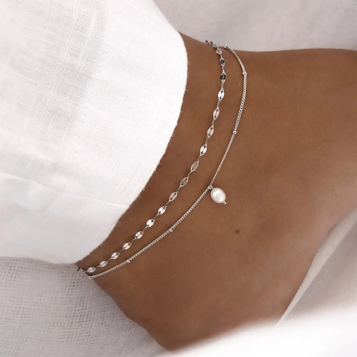 Ankle Bracelets for Women 14k Real Gold Silver Plated Anklets Freshwater Pearl Seashell Mermaid Heart Evil Eye Charms Adjustable Chain Waterproof Hypoallergenic Body Jewelry Cute Trendy Gifts