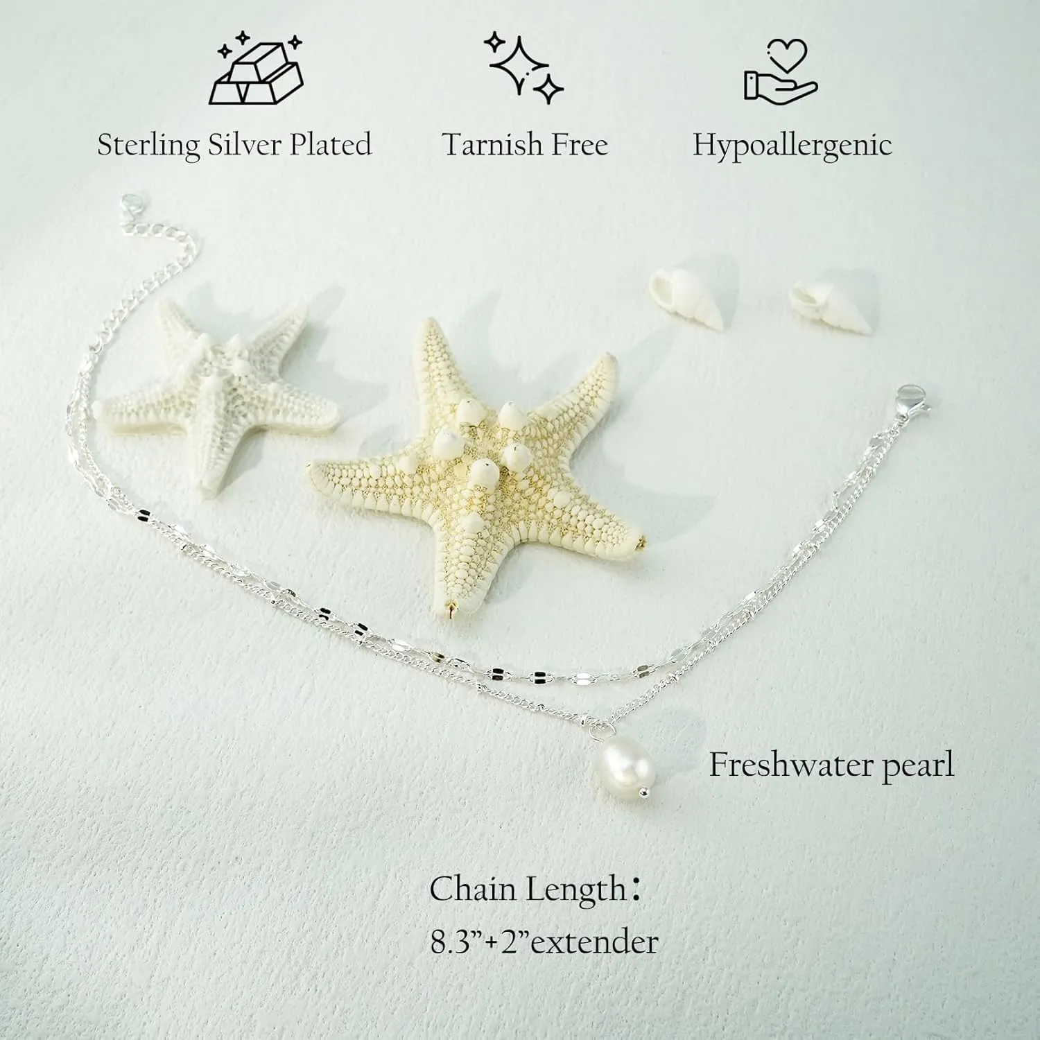 Ankle Bracelets for Women 14k Real Gold Silver Plated Anklets Freshwater Pearl Seashell Mermaid Heart Evil Eye Charms Adjustable Chain Waterproof Hypoallergenic Body Jewelry Cute Trendy Gifts