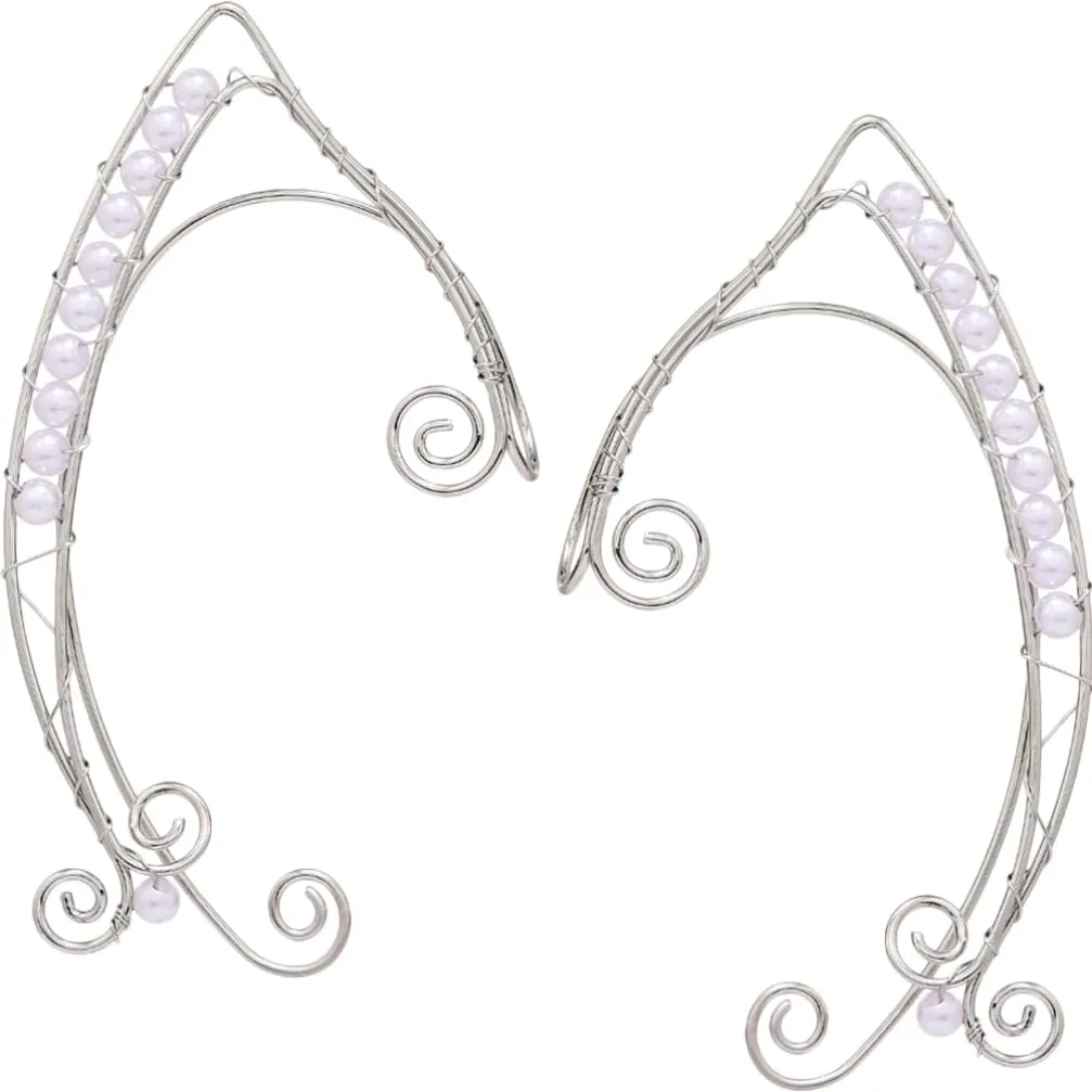 ARTIBETTER Girls Earrings 1 Pair of Ear Cuffs Handmade Clip-on Earrings Fairy Ears Elven Cuff Wrap Earrings Handcraft Pearl Beads Wing Filigree Ear Jewelry Tassel Earrings