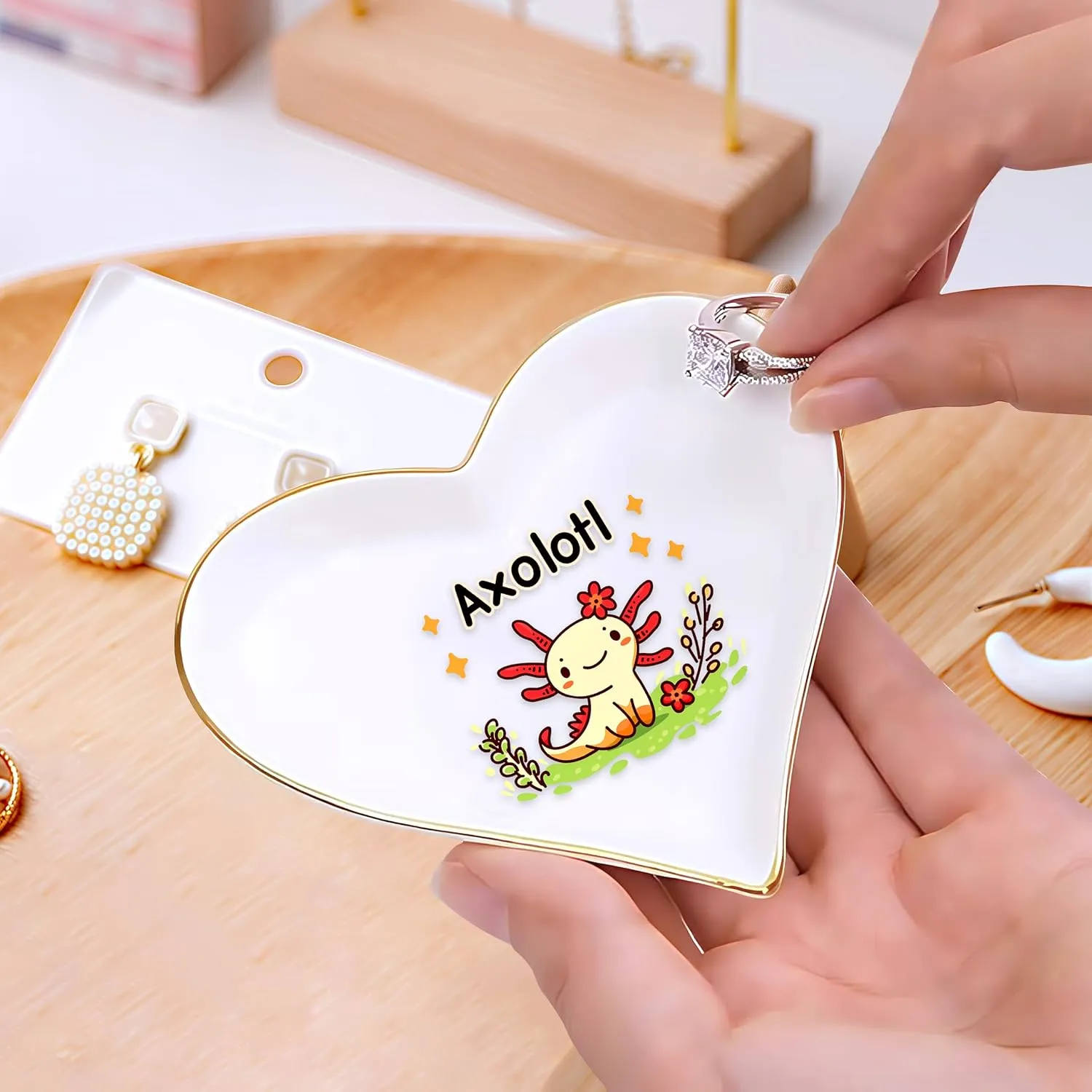 Axolotl Ring Holder Dish Tray, Gifts For Women Teens Girls Kids, Axolotl Lovers Themed Stuff Accessories Things Decor Merch, Home Room Ring Earrings Necklace Organizer Holder!