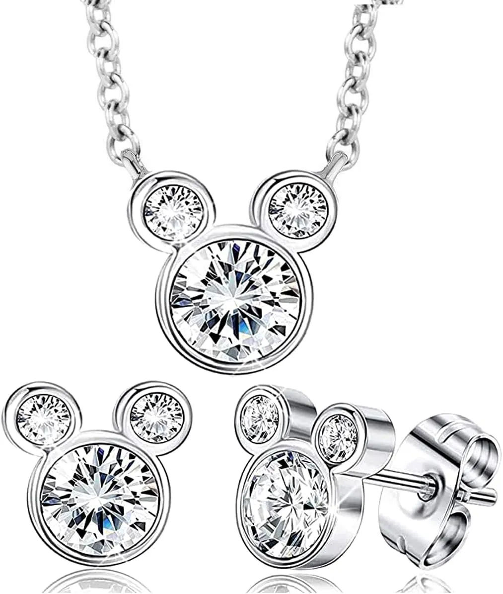 Baobei Kaguyo Jewellery Set for Women - Rose Gold 925 Sterling Silver clear Zirconia Mouse Pendant Necklace with cute Mouse Stud Earrings Jewelry Set for Women and Girls Birthday Gift