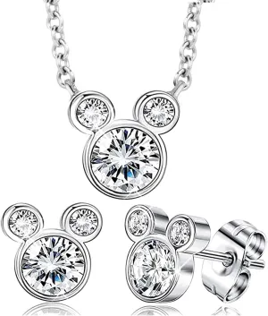Baobei Kaguyo Jewellery Set for Women - Rose Gold 925 Sterling Silver clear Zirconia Mouse Pendant Necklace with cute Mouse Stud Earrings Jewelry Set for Women and Girls Birthday Gift