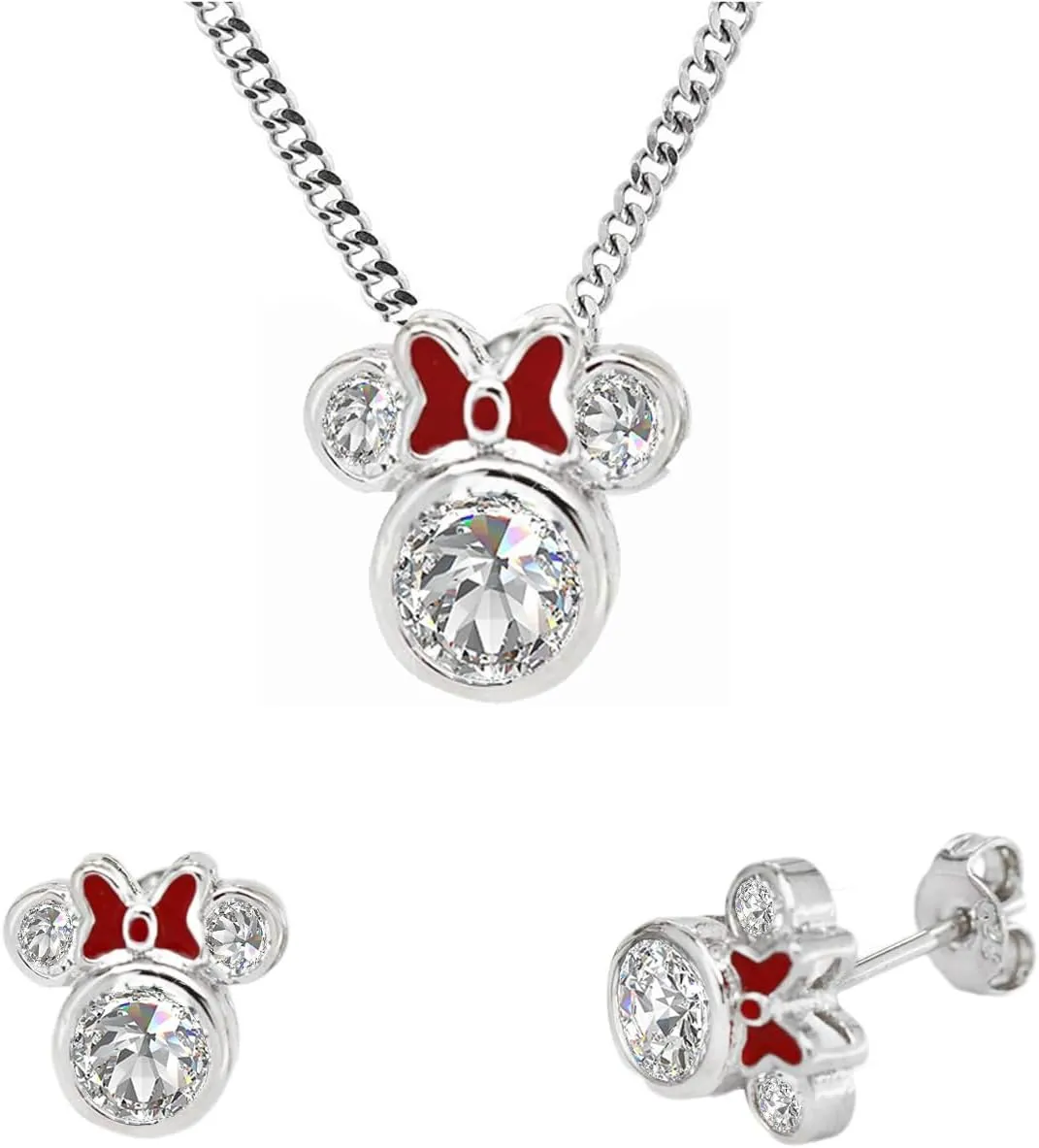 Baobei Kaguyo Jewellery Set for Women - Rose Gold 925 Sterling Silver clear Zirconia Mouse Pendant Necklace with cute Mouse Stud Earrings Jewelry Set for Women and Girls Birthday Gift