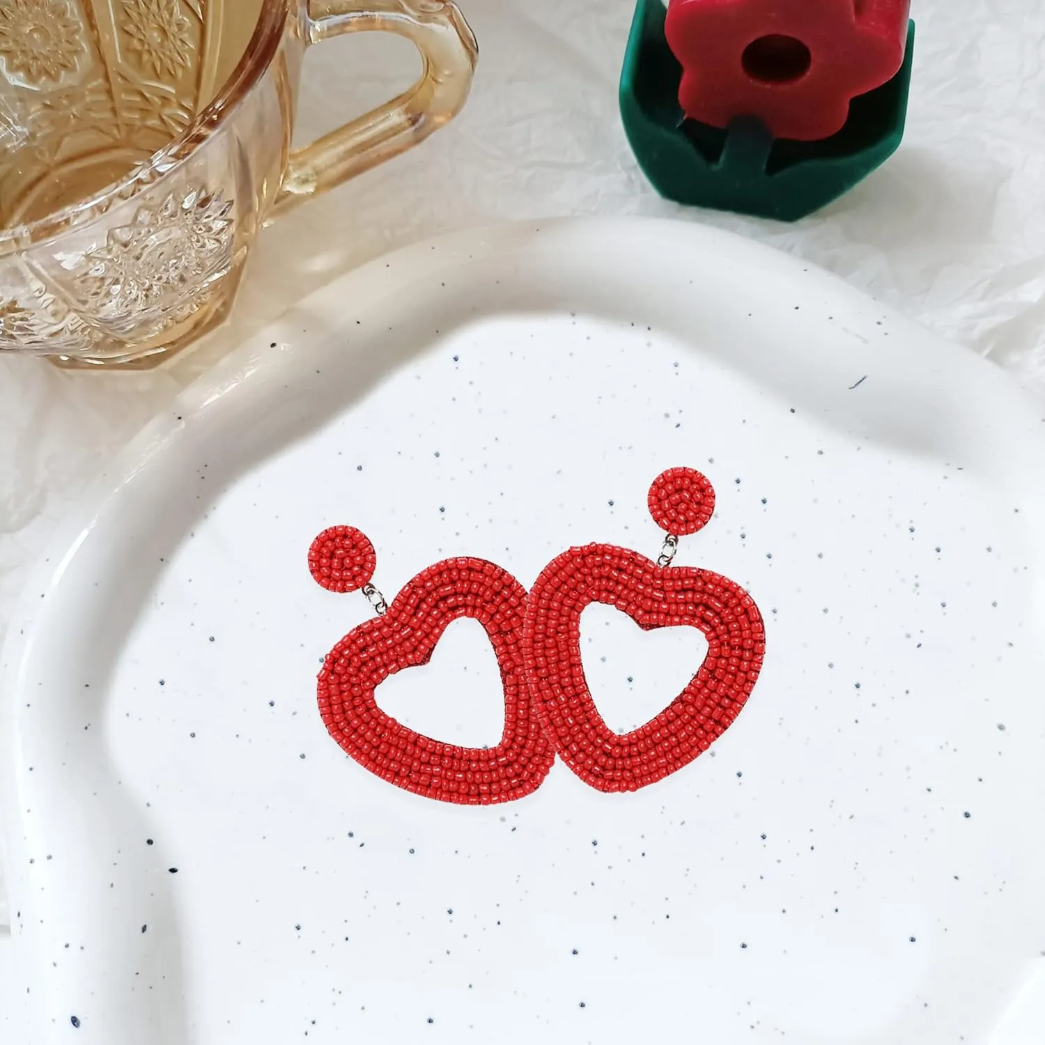 Beaded Drop Earrings Handmade Seed Bead Heart Hoop Dangle Bohemia Statement Earring Studs for Women