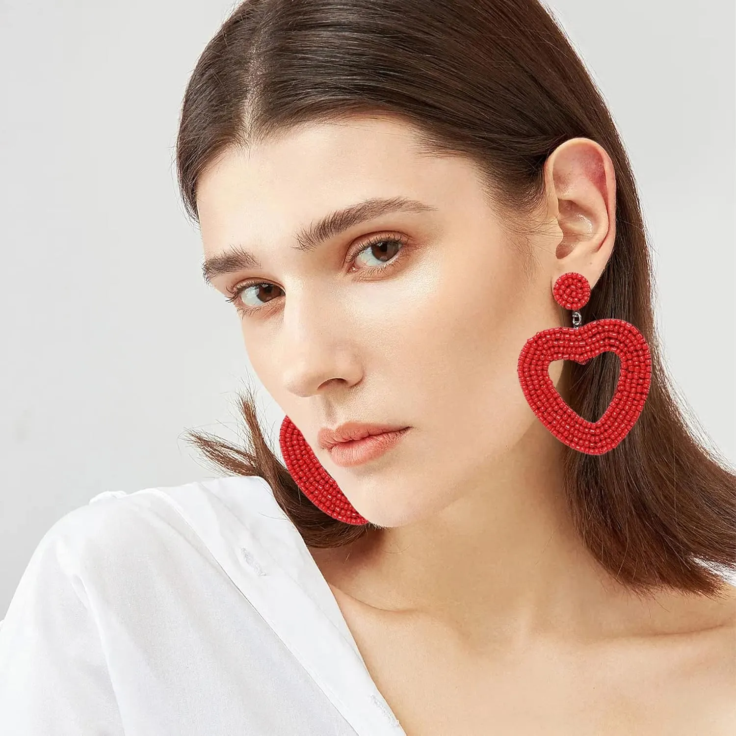 Beaded Drop Earrings Handmade Seed Bead Heart Hoop Dangle Bohemia Statement Earring Studs for Women