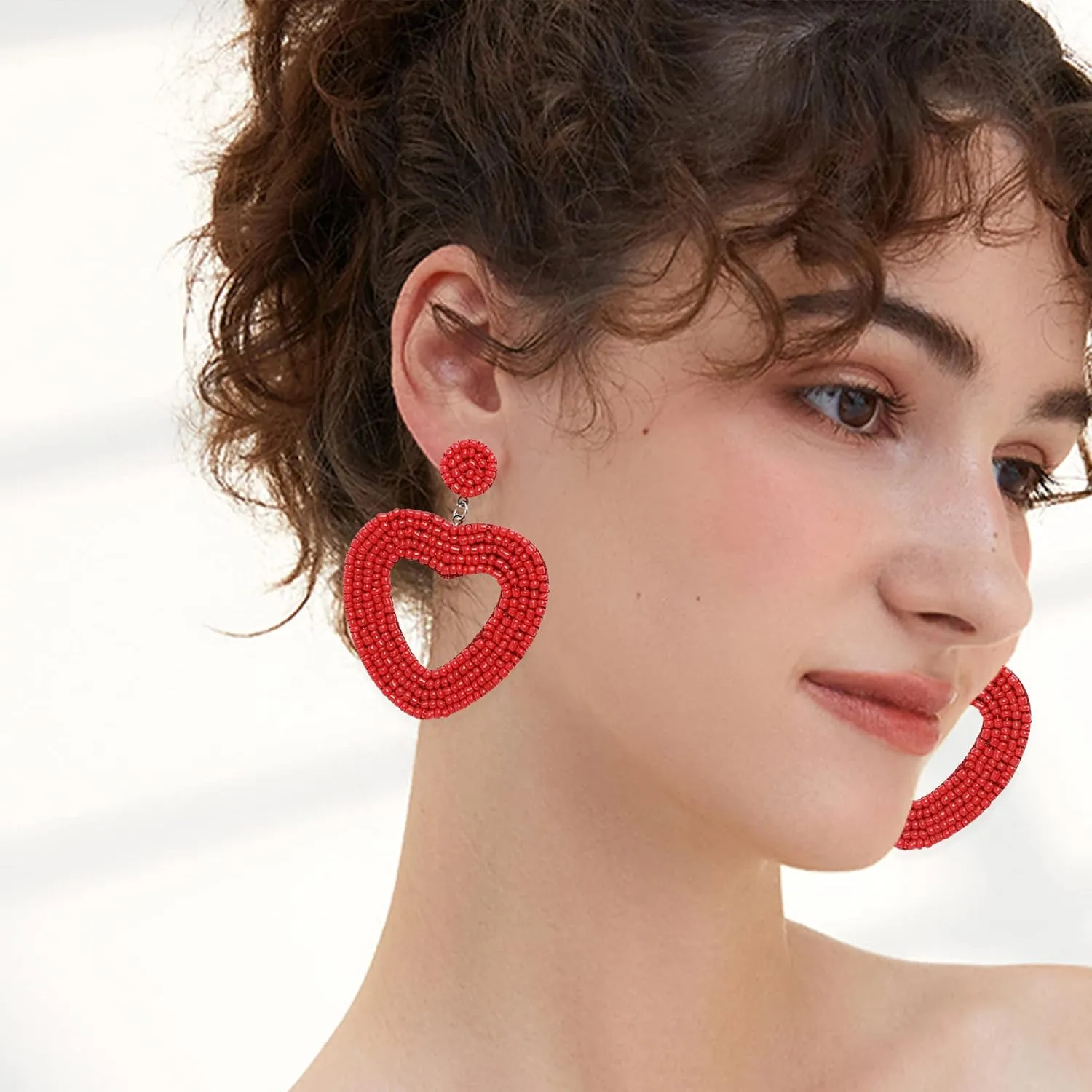 Beaded Drop Earrings Handmade Seed Bead Heart Hoop Dangle Bohemia Statement Earring Studs for Women