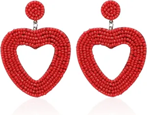Beaded Drop Earrings Handmade Seed Bead Heart Hoop Dangle Bohemia Statement Earring Studs for Women