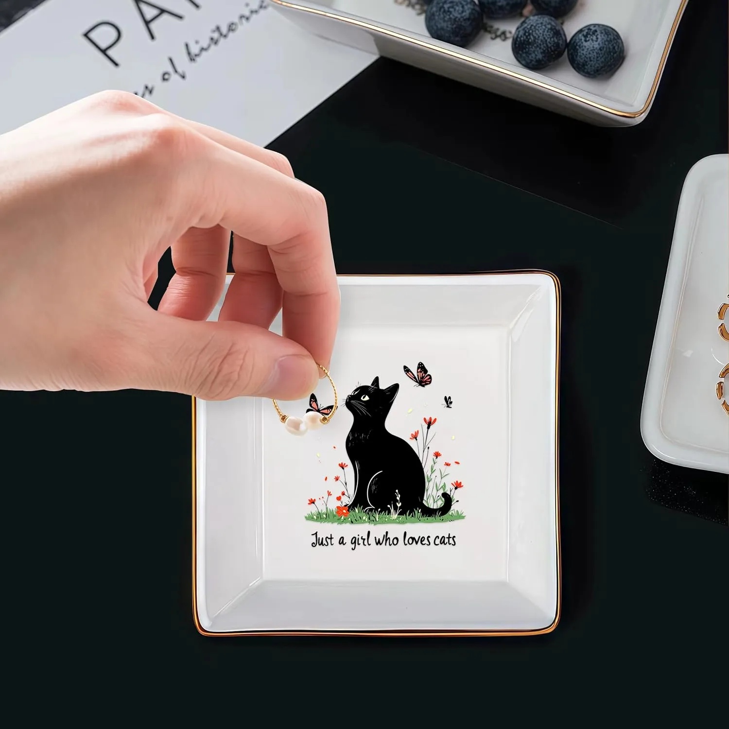 Black Cat Jewelry Ring Holder Dish Tray, Gifts For Women Teens Girls Kids, Cat Lovers Themed Stuff Things Decor Merch Home Room Ring Earrings Necklace Organizer Holder!