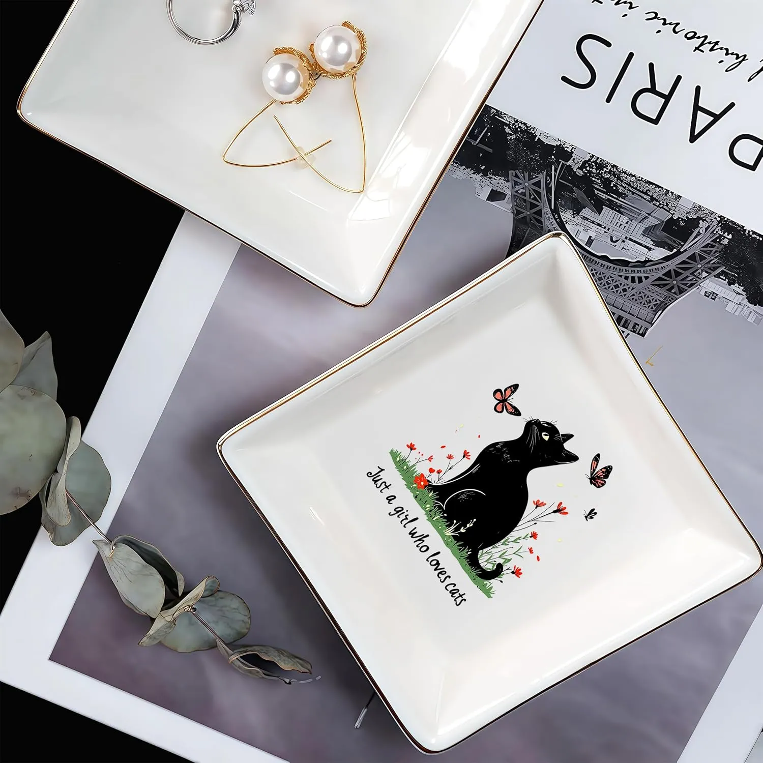 Black Cat Jewelry Ring Holder Dish Tray, Gifts For Women Teens Girls Kids, Cat Lovers Themed Stuff Things Decor Merch Home Room Ring Earrings Necklace Organizer Holder!