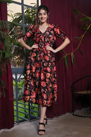 Black Multicoloured Floral Print Velvet Dress