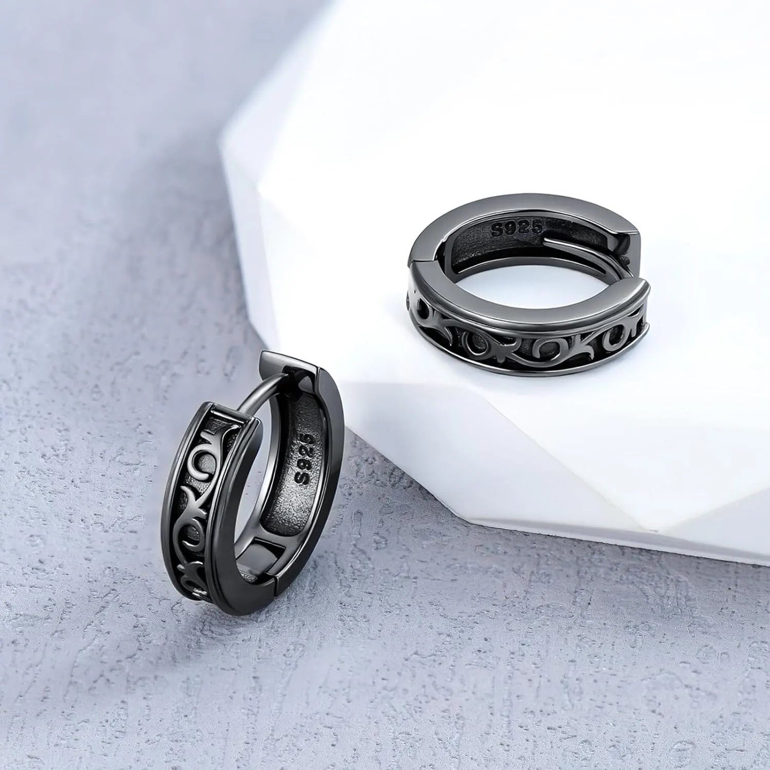Black Viking Hoop Earrings for Men 925 Sterling Silver Viking Rune Huggie Earrings Norse Pagan Jewelry Gifts for Women