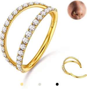 BodyBonita Triple/Double Hoop Nose Ring - G23 Titanium Septum Rings 16G/18G/20G CZ Nose Piercings Jewelry Conch Helix Daith Rook Tragus Cartilage Earring Hinged Nostril Piercing Gold/Black/Silver