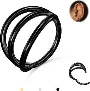 BodyBonita Triple/Double Hoop Nose Ring - G23 Titanium Septum Rings 16G/18G/20G CZ Nose Piercings Jewelry Conch Helix Daith Rook Tragus Cartilage Earring Hinged Nostril Piercing Gold/Black/Silver