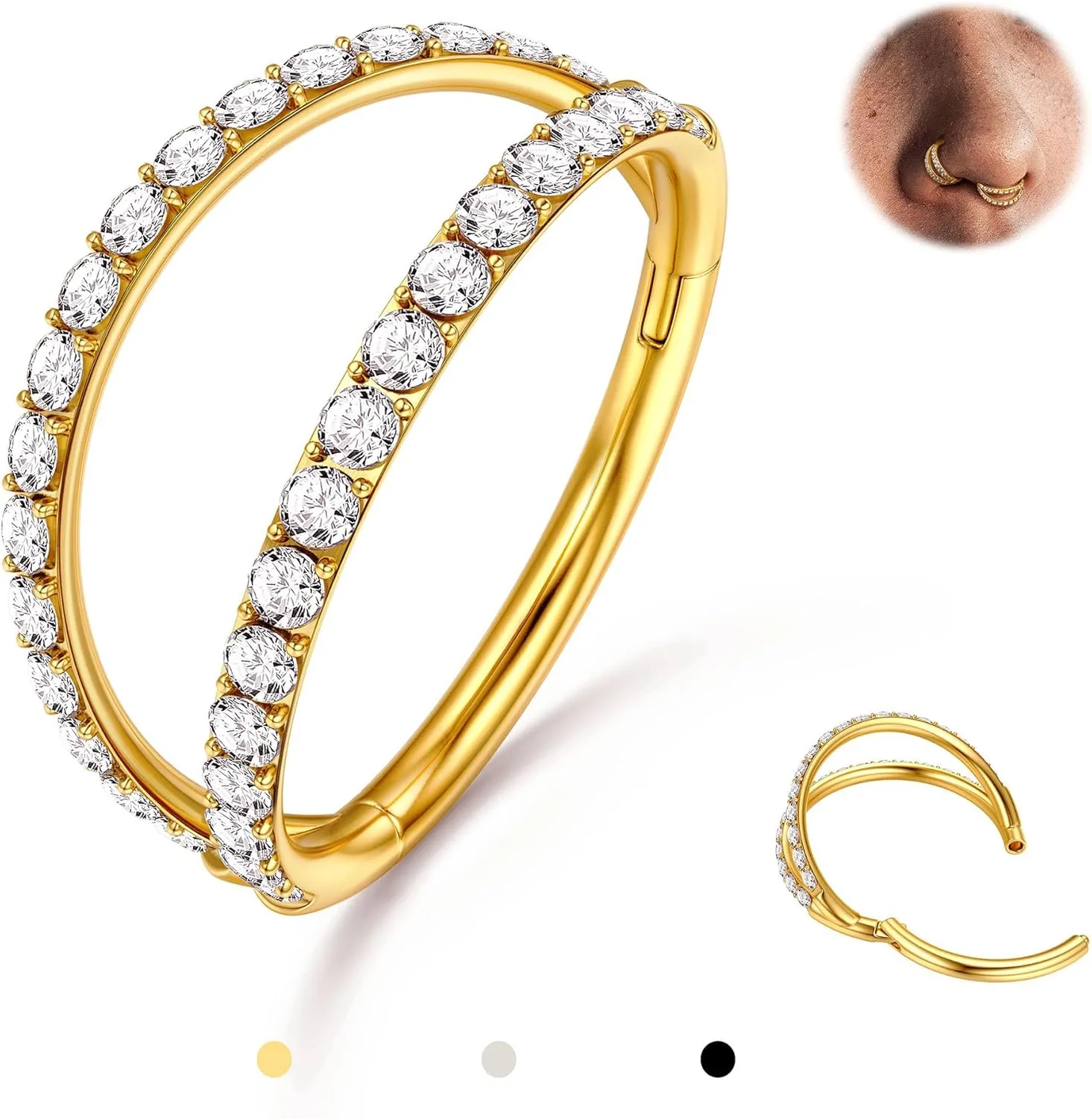 BodyBonita Triple/Double Hoop Nose Ring - G23 Titanium Septum Rings 16G/18G/20G CZ Nose Piercings Jewelry Conch Helix Daith Rook Tragus Cartilage Earring Hinged Nostril Piercing Gold/Black/Silver