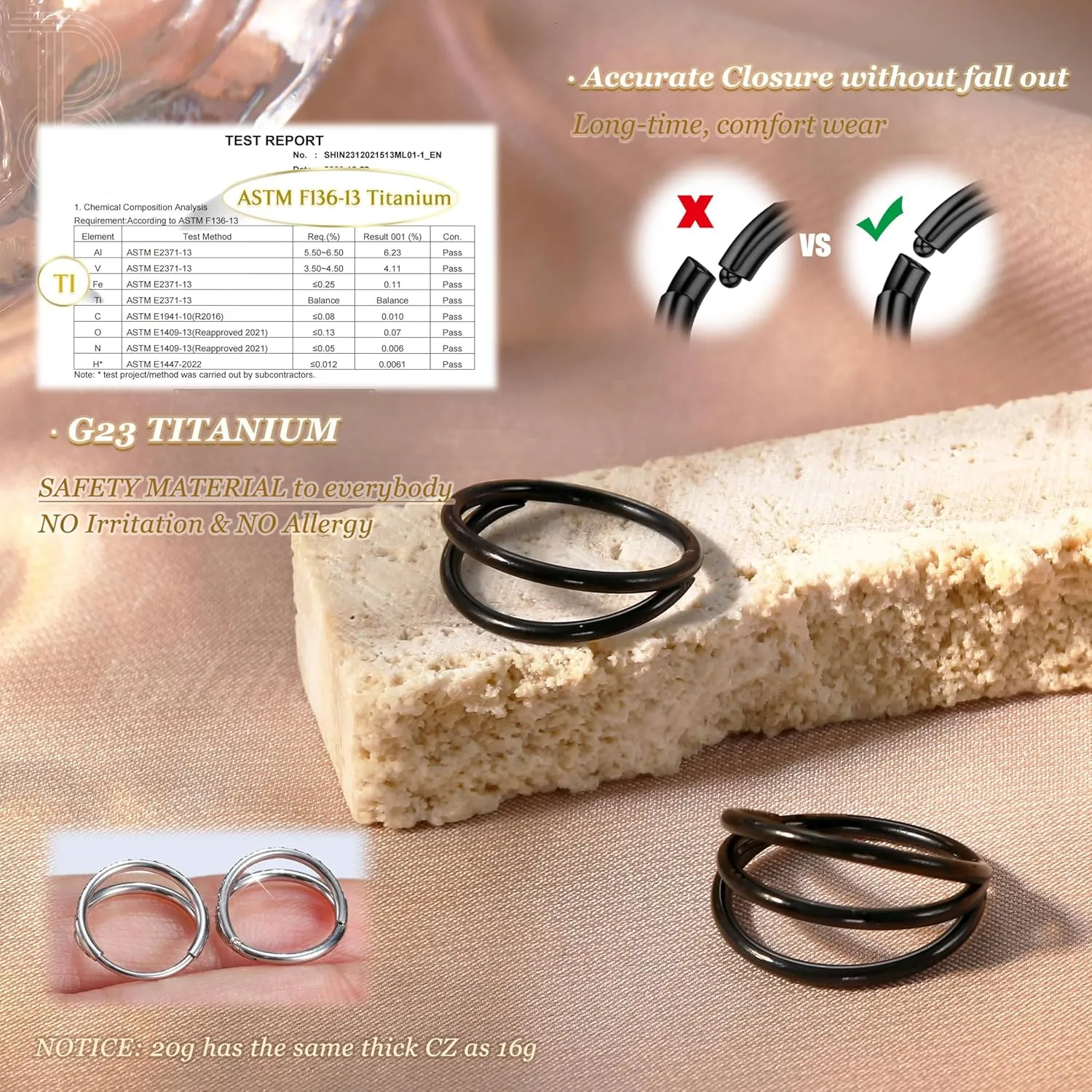 BodyBonita Triple/Double Hoop Nose Ring - G23 Titanium Septum Rings 16G/18G/20G CZ Nose Piercings Jewelry Conch Helix Daith Rook Tragus Cartilage Earring Hinged Nostril Piercing Gold/Black/Silver