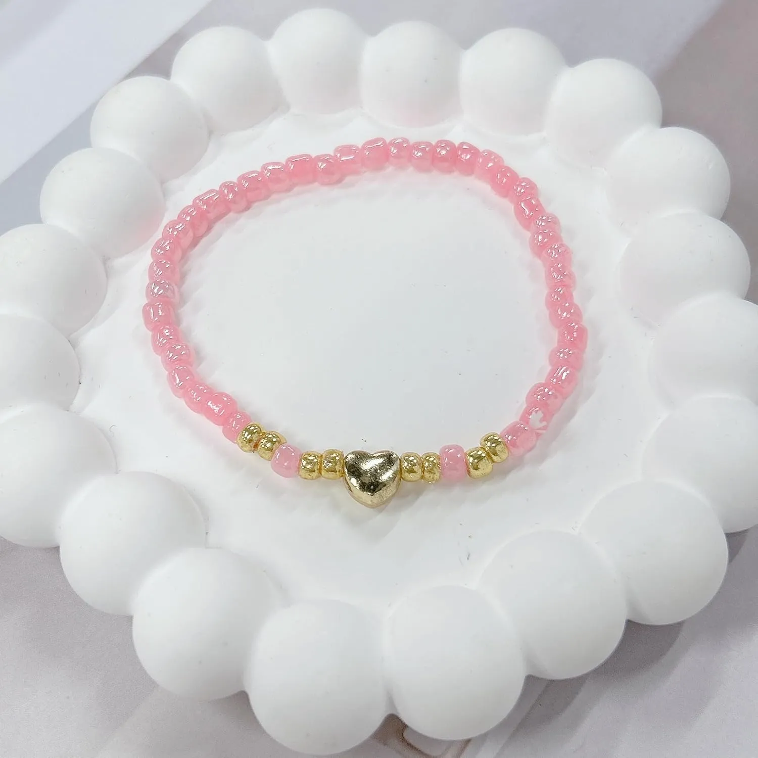 Bohemian Love Heart Beaded Stretch Bracelet for Women Boho Simple Stackable Pink Green Black Rice Beads Ball Chain Bracelets Summer Beach Friendship Fashion Jewelry for Daughter Sister