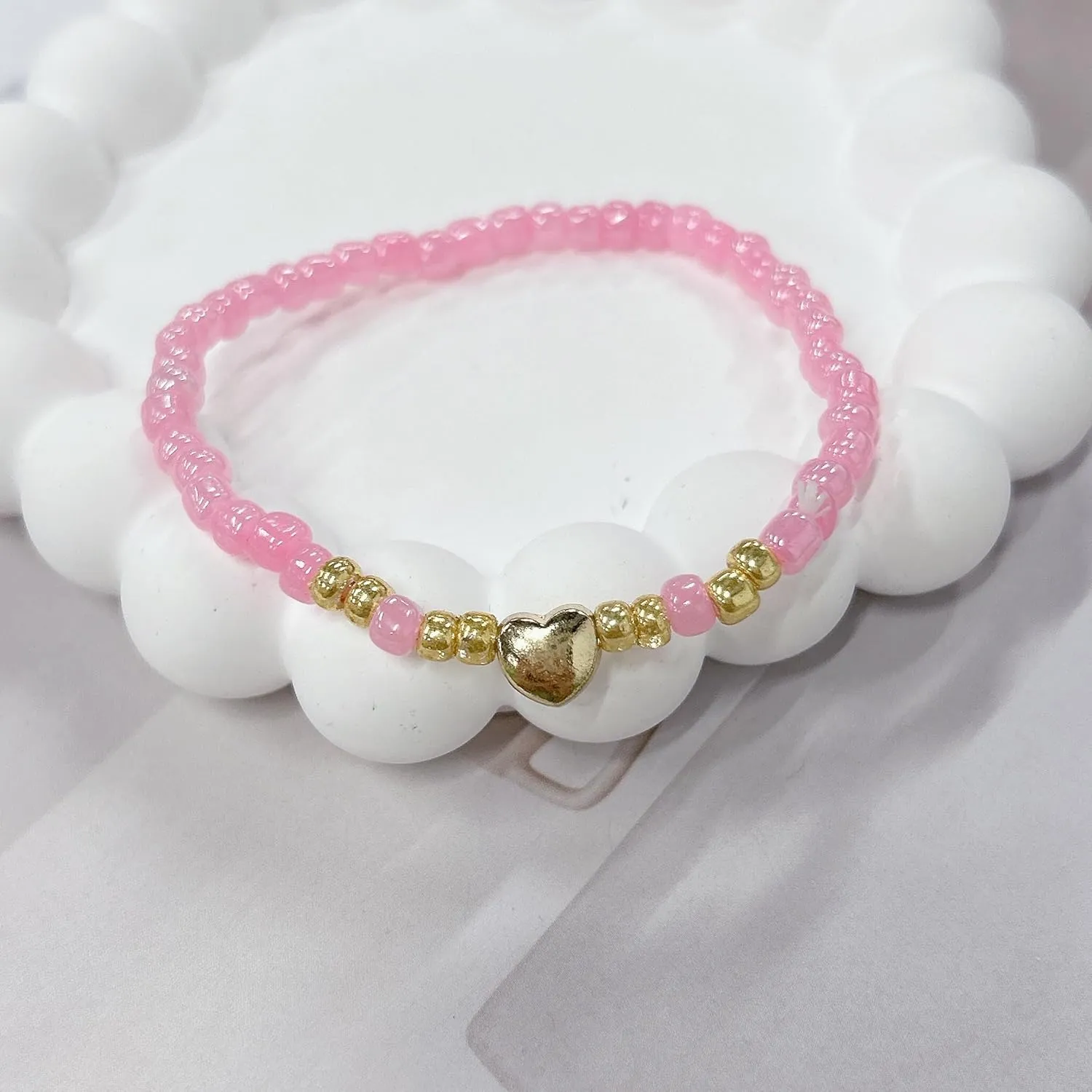 Bohemian Love Heart Beaded Stretch Bracelet for Women Boho Simple Stackable Pink Green Black Rice Beads Ball Chain Bracelets Summer Beach Friendship Fashion Jewelry for Daughter Sister