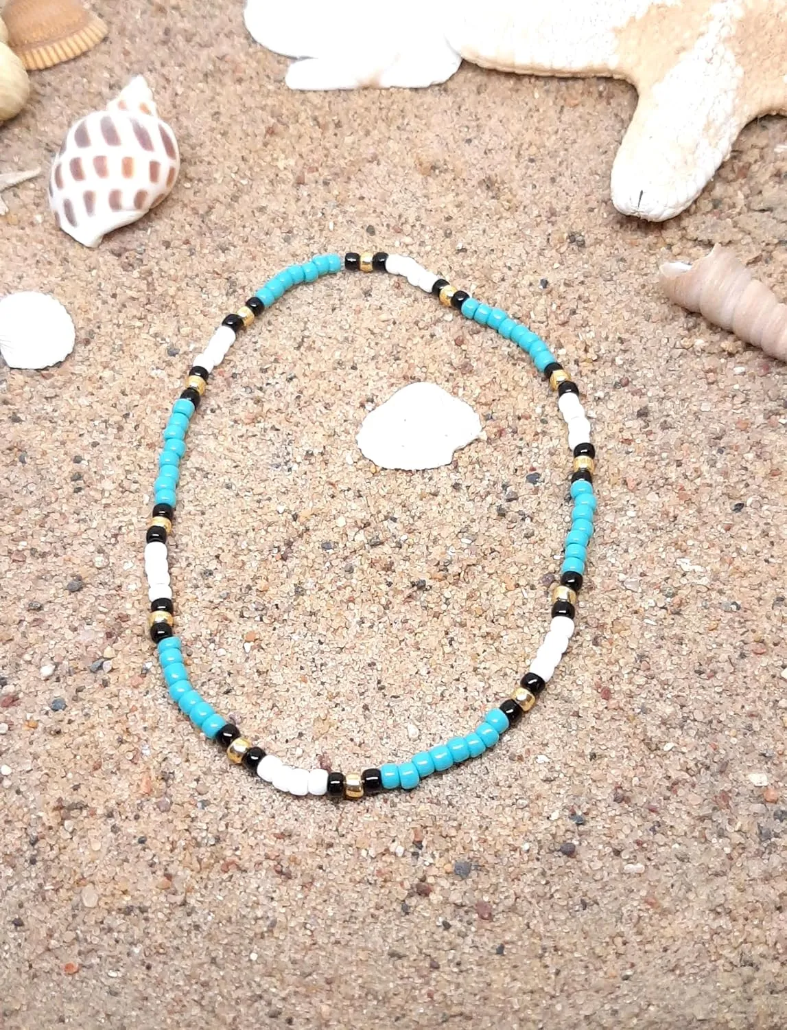 Boho Chic Turquoise, Black, Gold, and White Stretch Ankle Bracelet - Summer Casual Stacking Ankle. 8/0 Seed Bead Anklet