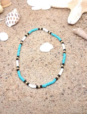 Boho Chic Turquoise, Black, Gold, and White Stretch Ankle Bracelet - Summer Casual Stacking Ankle. 8/0 Seed Bead Anklet