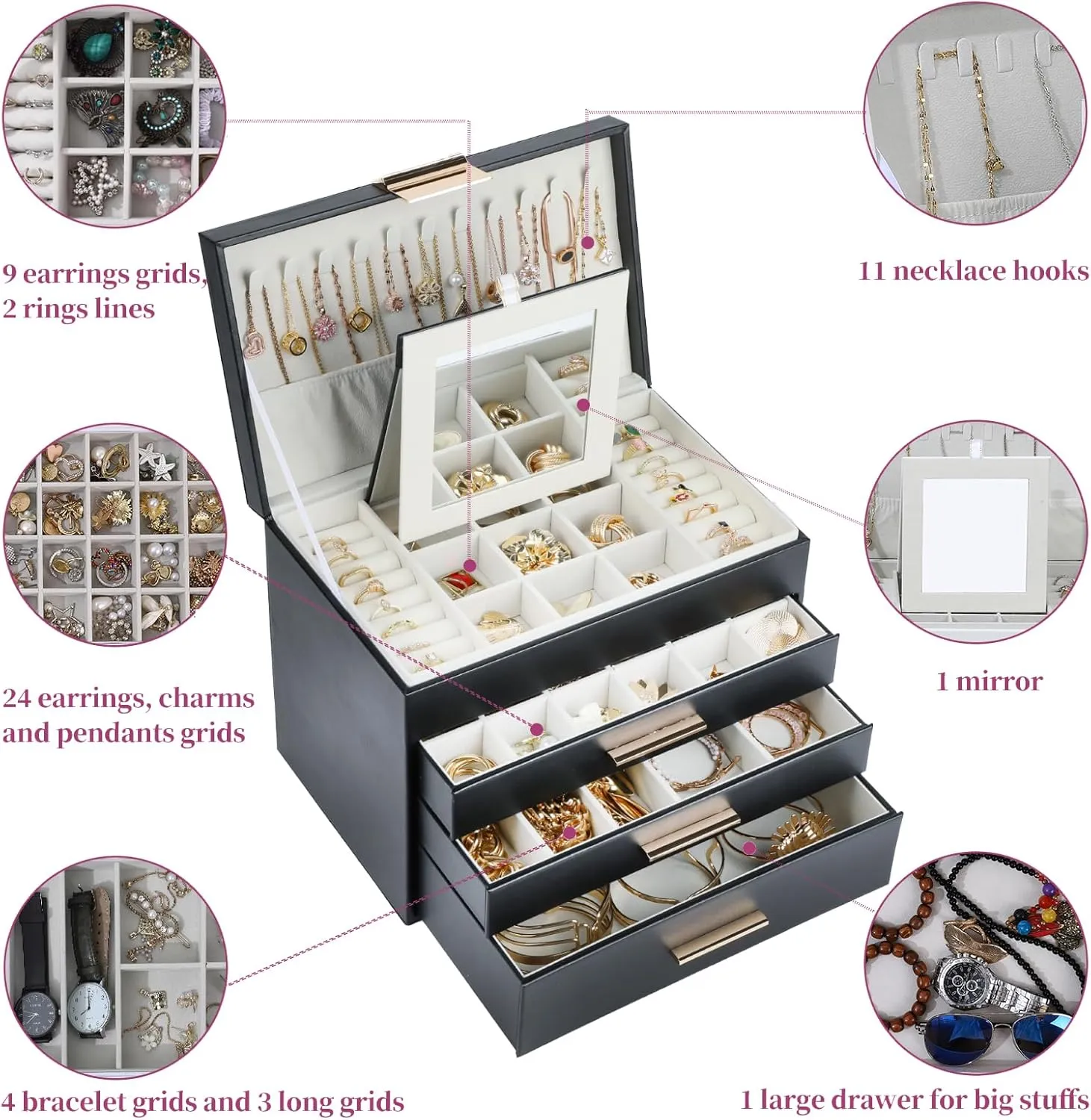 BOOVO Jewelry Boxes for Women, 5 Layer Jewelry Organizer with Necklace Hanger and Drawers, Large Jewelry Box for Earrings, Necklace and Bracelet Storage Gifts for Women and Girls (Black, 5 Layer)