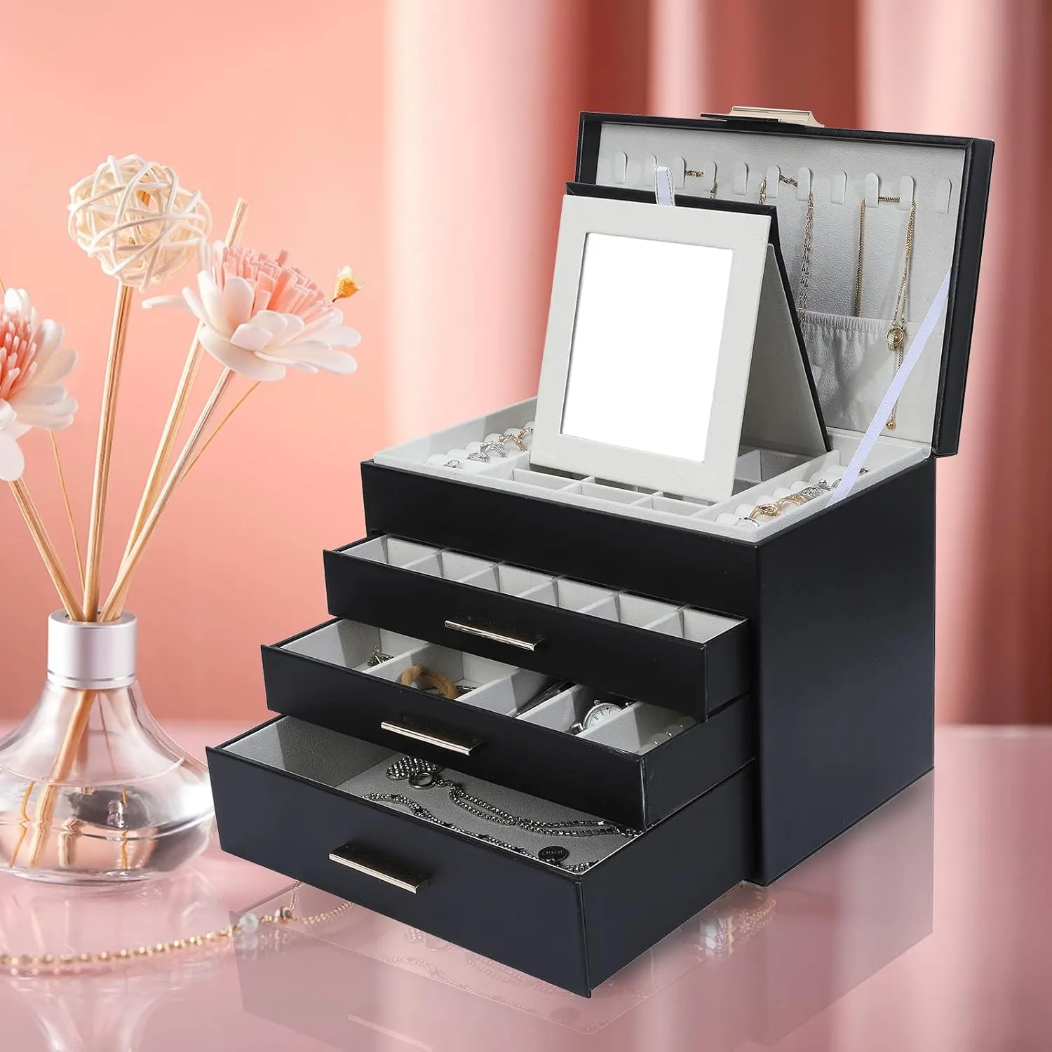 BOOVO Jewelry Boxes for Women, 5 Layer Jewelry Organizer with Necklace Hanger and Drawers, Large Jewelry Box for Earrings, Necklace and Bracelet Storage Gifts for Women and Girls (Black, 5 Layer)