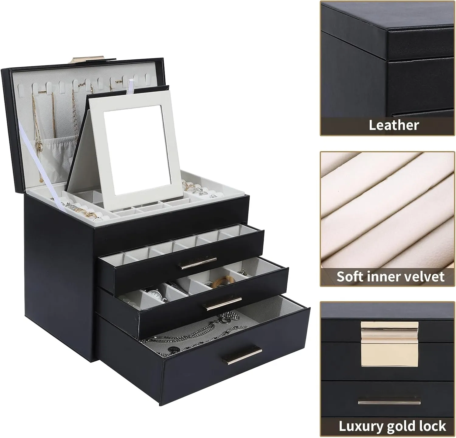 BOOVO Jewelry Boxes for Women, 5 Layer Jewelry Organizer with Necklace Hanger and Drawers, Large Jewelry Box for Earrings, Necklace and Bracelet Storage Gifts for Women and Girls (Black, 5 Layer)