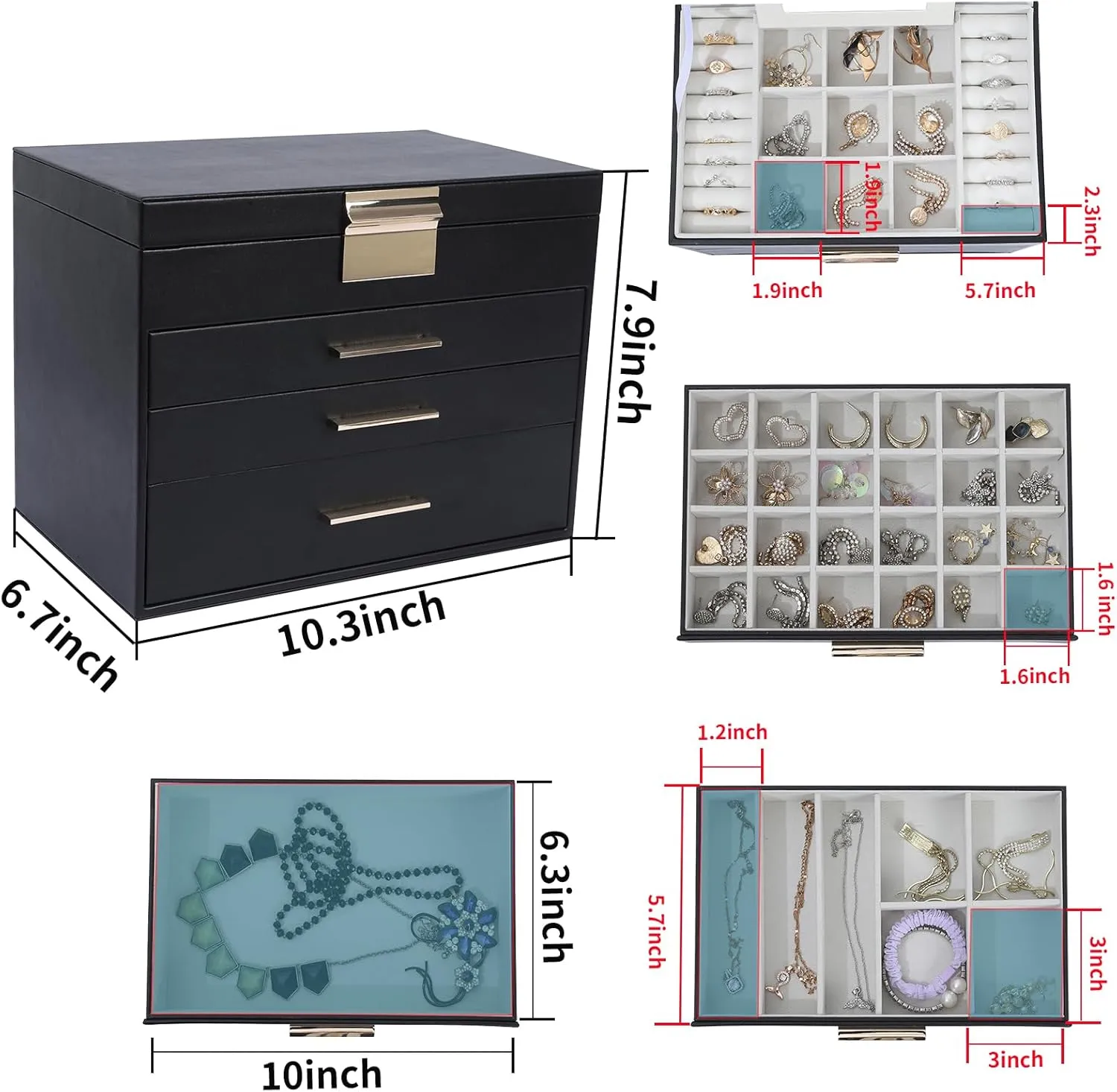 BOOVO Jewelry Boxes for Women, 5 Layer Jewelry Organizer with Necklace Hanger and Drawers, Large Jewelry Box for Earrings, Necklace and Bracelet Storage Gifts for Women and Girls (Black, 5 Layer)
