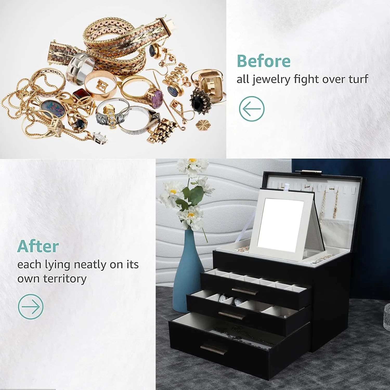 BOOVO Jewelry Boxes for Women, 5 Layer Jewelry Organizer with Necklace Hanger and Drawers, Large Jewelry Box for Earrings, Necklace and Bracelet Storage Gifts for Women and Girls (Black, 5 Layer)