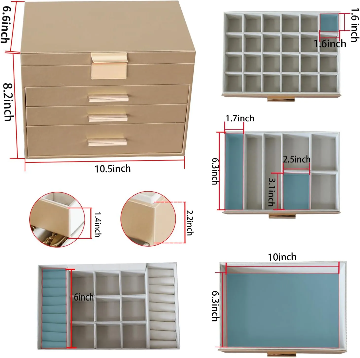 BOOVO Jewelry Boxes for Women, 5 Layer Jewelry Organizer with Necklace Hanger and Drawers, Large Jewelry Box for Earrings, Necklace and Bracelet Storage Gifts for Women and Girls (Gold, 5 Layer)