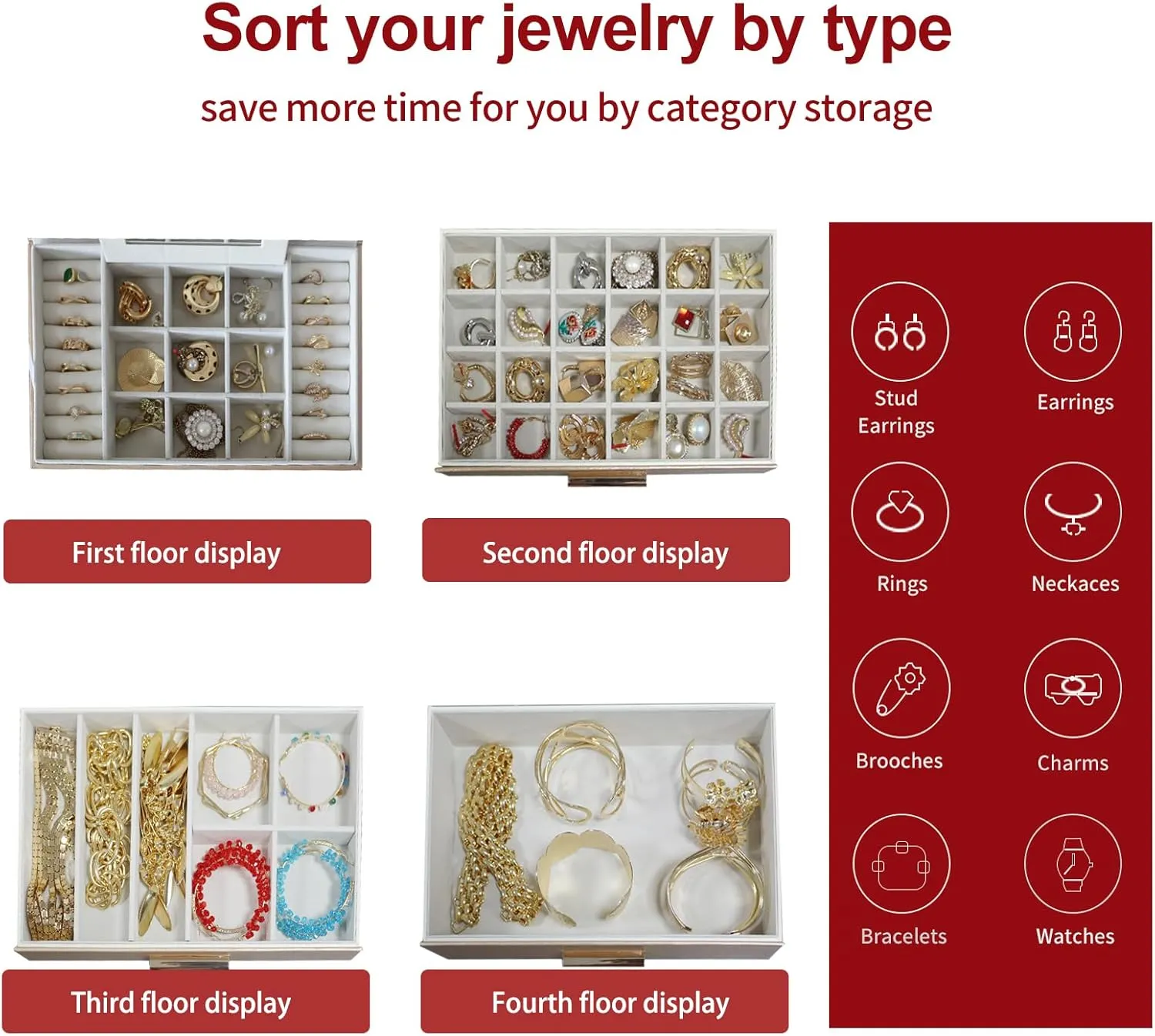 BOOVO Jewelry Boxes for Women, 5 Layer Jewelry Organizer with Necklace Hanger and Drawers, Large Jewelry Box for Earrings, Necklace and Bracelet Storage Gifts for Women and Girls (Gold, 5 Layer)