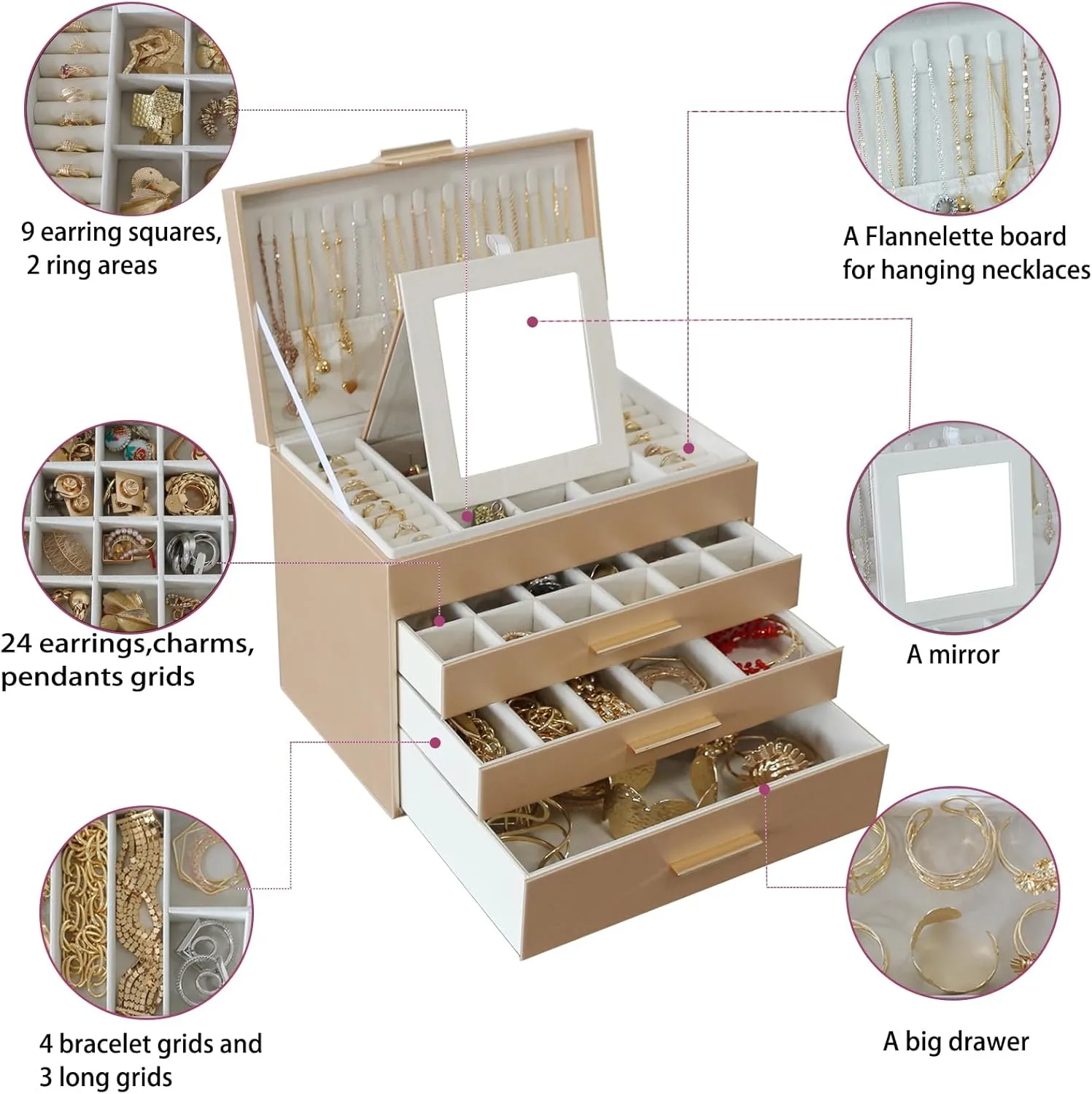 BOOVO Jewelry Boxes for Women, 5 Layer Jewelry Organizer with Necklace Hanger and Drawers, Large Jewelry Box for Earrings, Necklace and Bracelet Storage Gifts for Women and Girls (Gold, 5 Layer)