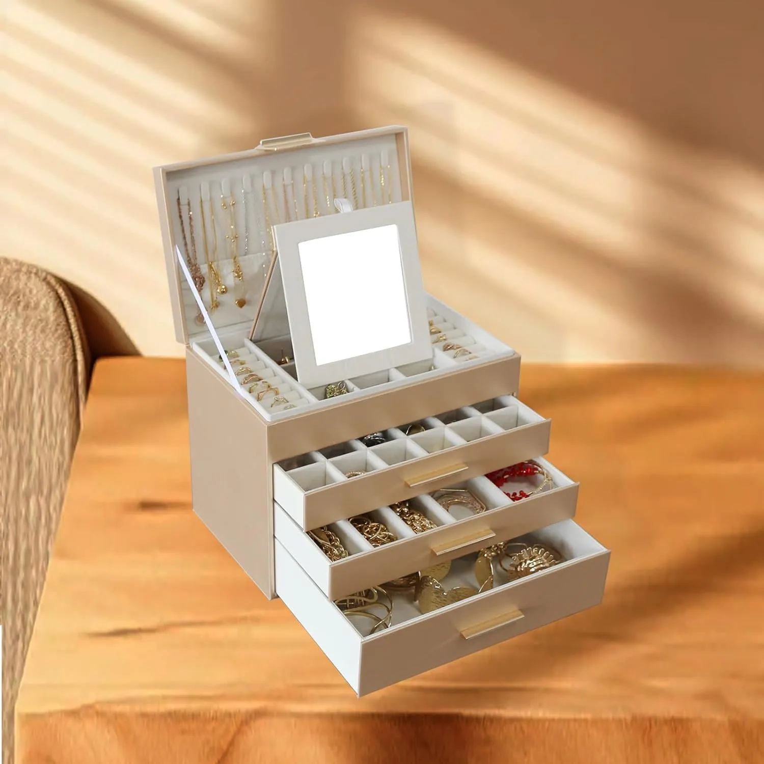 BOOVO Jewelry Boxes for Women, 5 Layer Jewelry Organizer with Necklace Hanger and Drawers, Large Jewelry Box for Earrings, Necklace and Bracelet Storage Gifts for Women and Girls (Gold, 5 Layer)