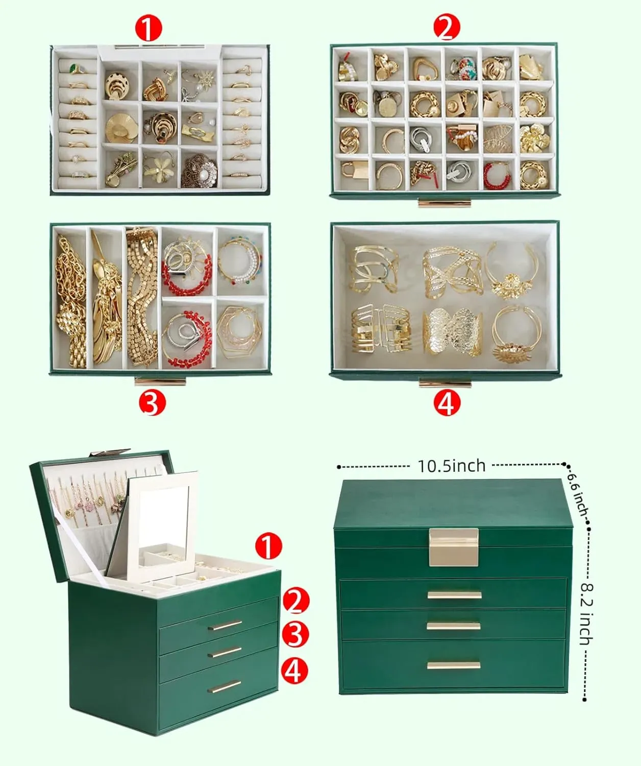 BOOVO Jewelry Boxes for Women, 5 Layer Jewelry Organizer with Necklace Hanger and Drawers, Large Jewelry Box for Earrings, Necklace and Bracelet Storage Gifts for Women and Girls (Green, 5 Layer)