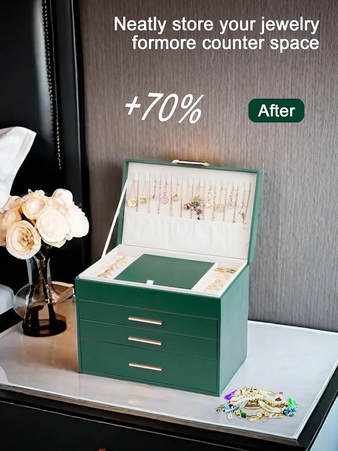 BOOVO Jewelry Boxes for Women, 5 Layer Jewelry Organizer with Necklace Hanger and Drawers, Large Jewelry Box for Earrings, Necklace and Bracelet Storage Gifts for Women and Girls (Green, 5 Layer)