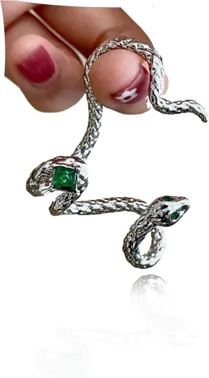 Brass Snake Ear Cuff Earrings for Women, Unisex, No Piercing, Adjustable, Three-Dimensional, Cool Green CZ Earrings