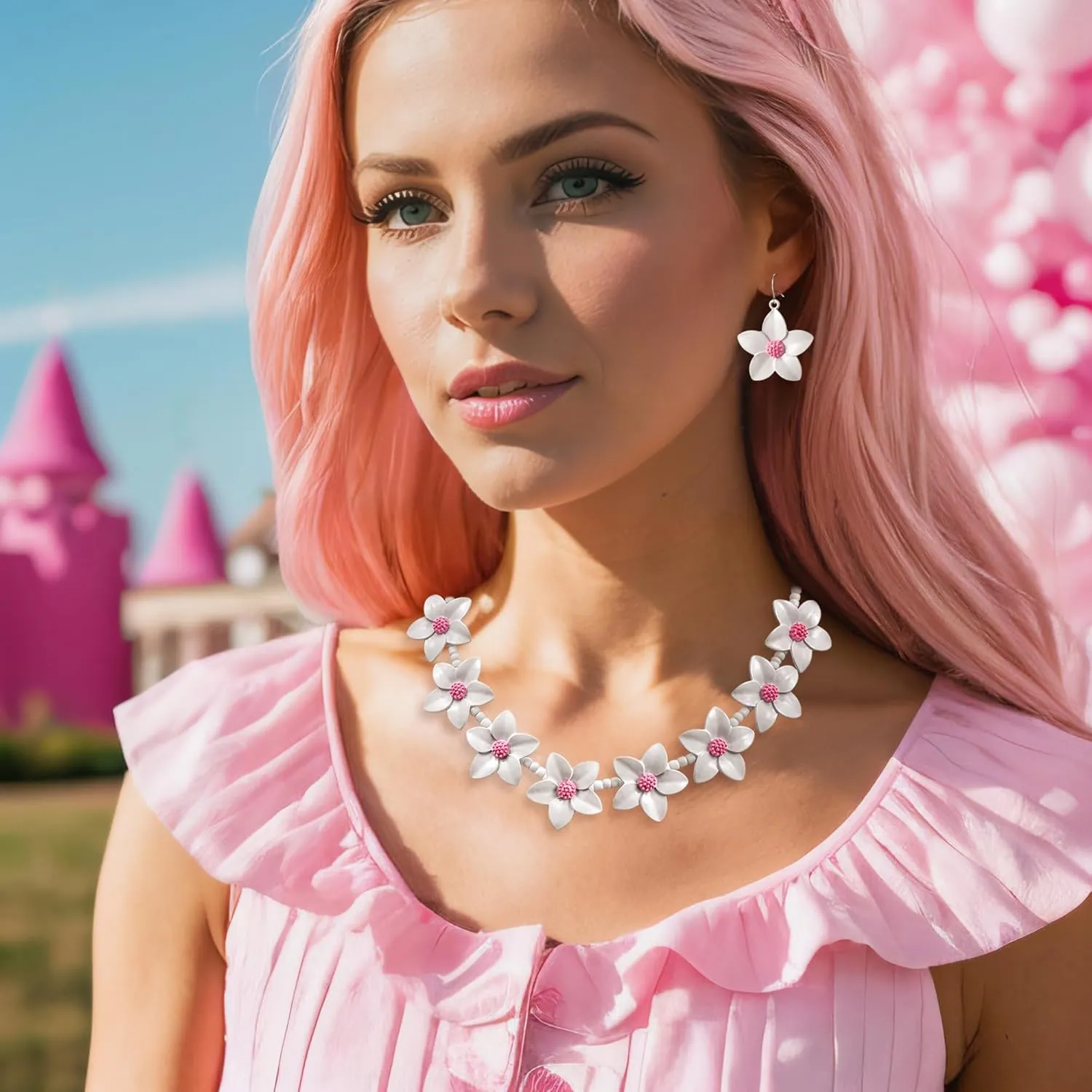 BriLove Unique Chic Flower Cluster Statement Necklace Dangle Earrings Jewelry Set for Women Costume Cosplay Party Accessories