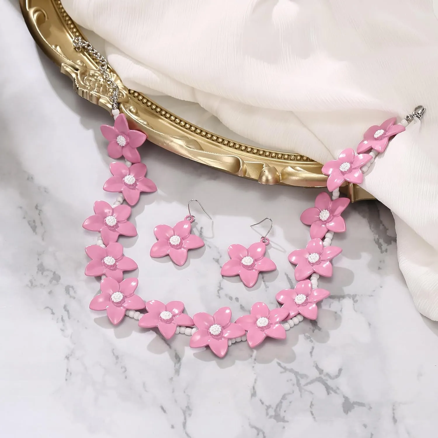 BriLove Unique Chic Flower Cluster Statement Necklace Dangle Earrings Jewelry Set for Women Costume Cosplay Party Accessories