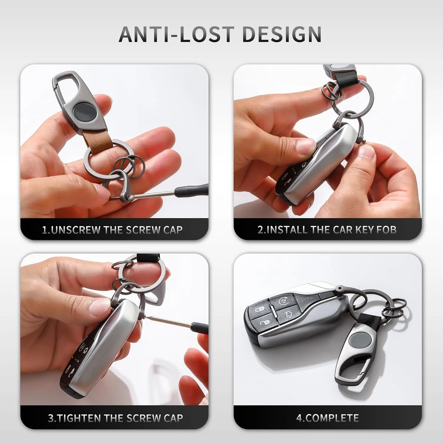 Carabiner Keychain, Key Chains for Car Key with 2 Key Rings and Anti-Lost D-Ring, Multifunctional Keychains for Men and Women  Grey(Brown Leather)