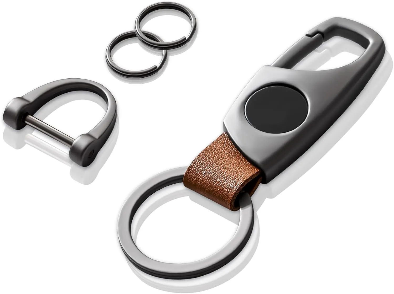 Carabiner Keychain, Key Chains for Car Key with 2 Key Rings and Anti-Lost D-Ring, Multifunctional Keychains for Men and Women  Grey(Brown Leather)