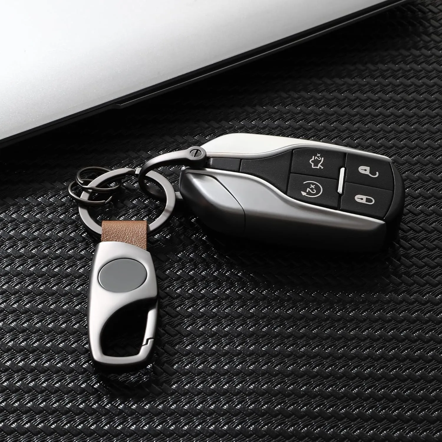 Carabiner Keychain, Key Chains for Car Key with 2 Key Rings and Anti-Lost D-Ring, Multifunctional Keychains for Men and Women  Grey(Brown Leather)