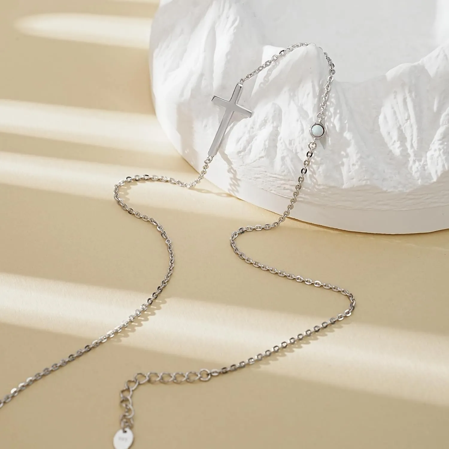 CHIC & ARTSY 925 Sterling Silver Sideways Cross Necklace for Women For Her | Created Opal | 18" with 2" Extender
