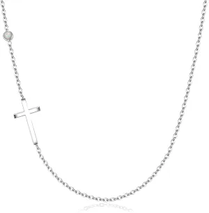 CHIC & ARTSY 925 Sterling Silver Sideways Cross Necklace for Women For Her | Created Opal | 18" with 2" Extender