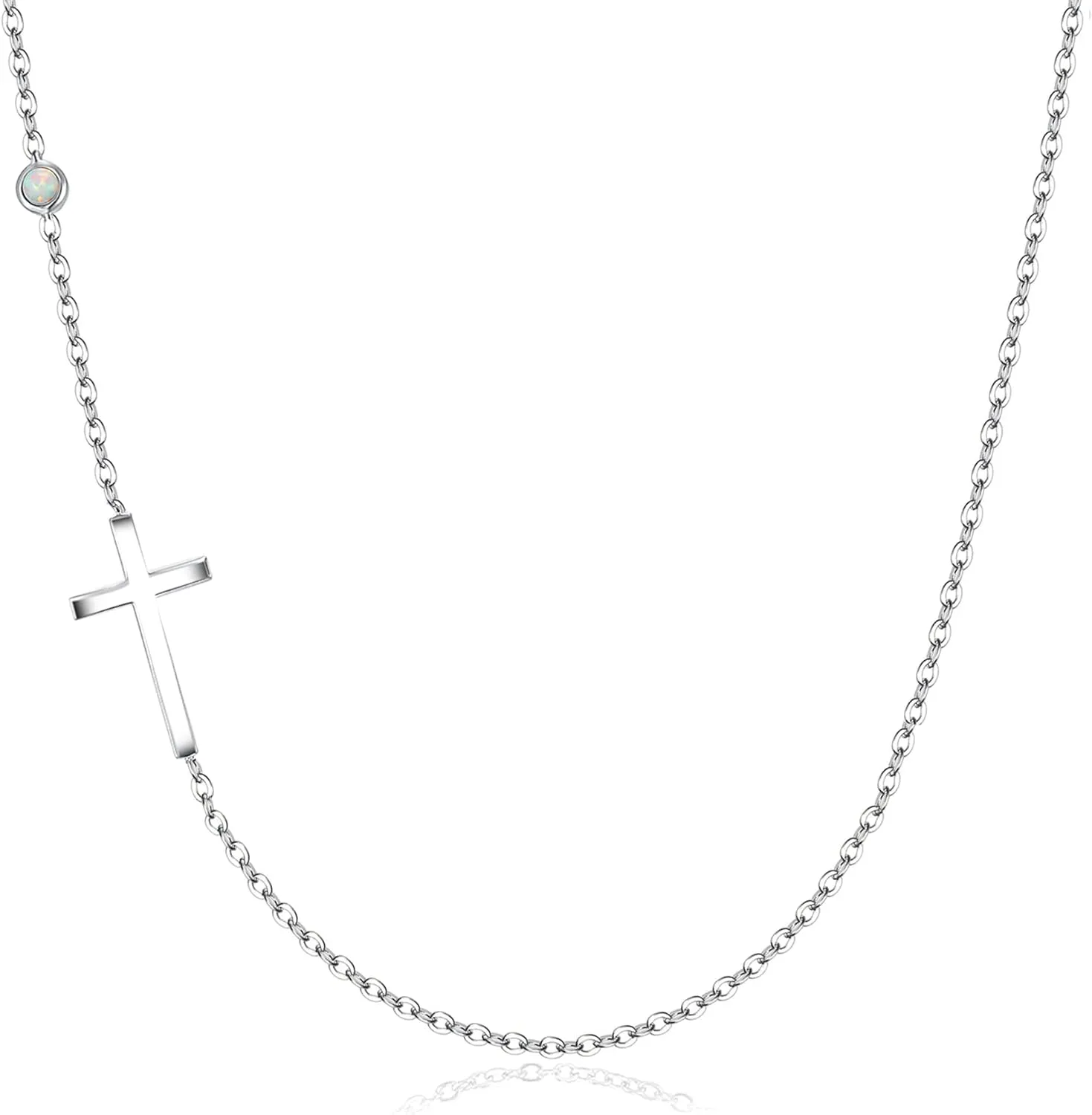 CHIC & ARTSY 925 Sterling Silver Sideways Cross Necklace for Women For Her | Created Opal | 18" with 2" Extender