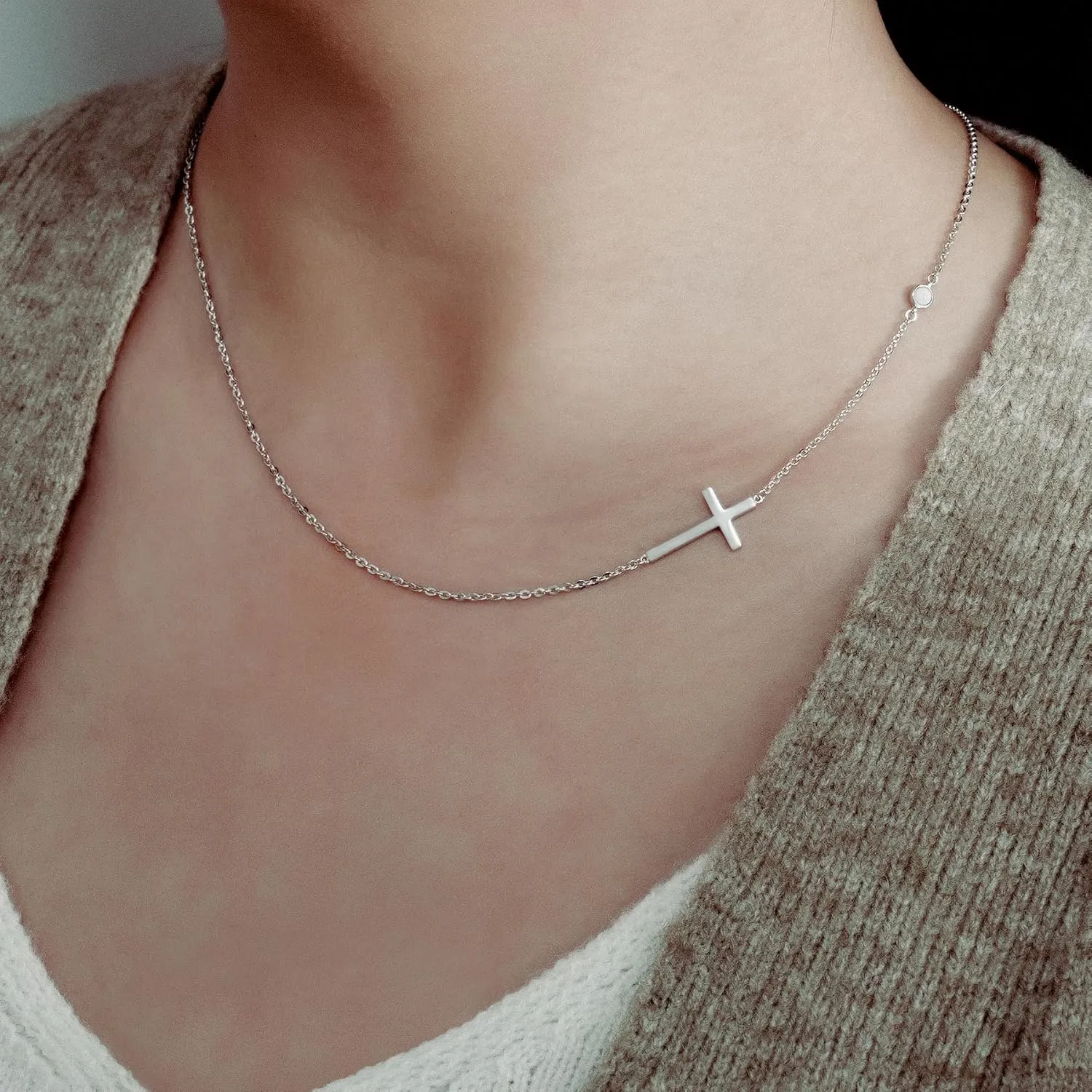 CHIC & ARTSY 925 Sterling Silver Sideways Cross Necklace for Women For Her | Created Opal | 18" with 2" Extender